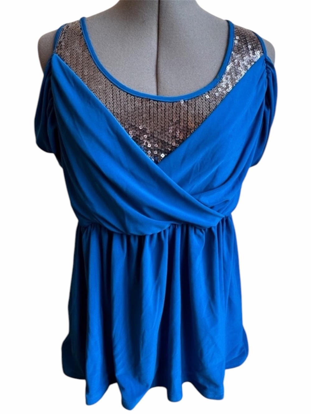Vintage Y2K Sequin Babydoll Top Blue Made in Canada Party Club Cami Off Shoulder